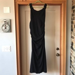 Black boatneck rouched evening gown